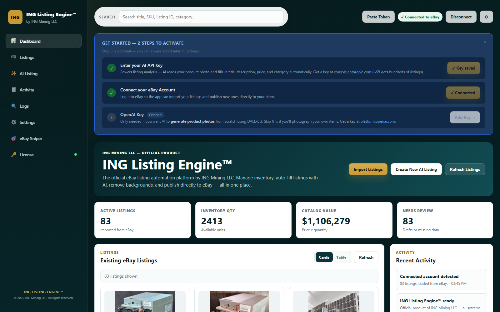 Dashboard showing a live connected eBay account with real listings