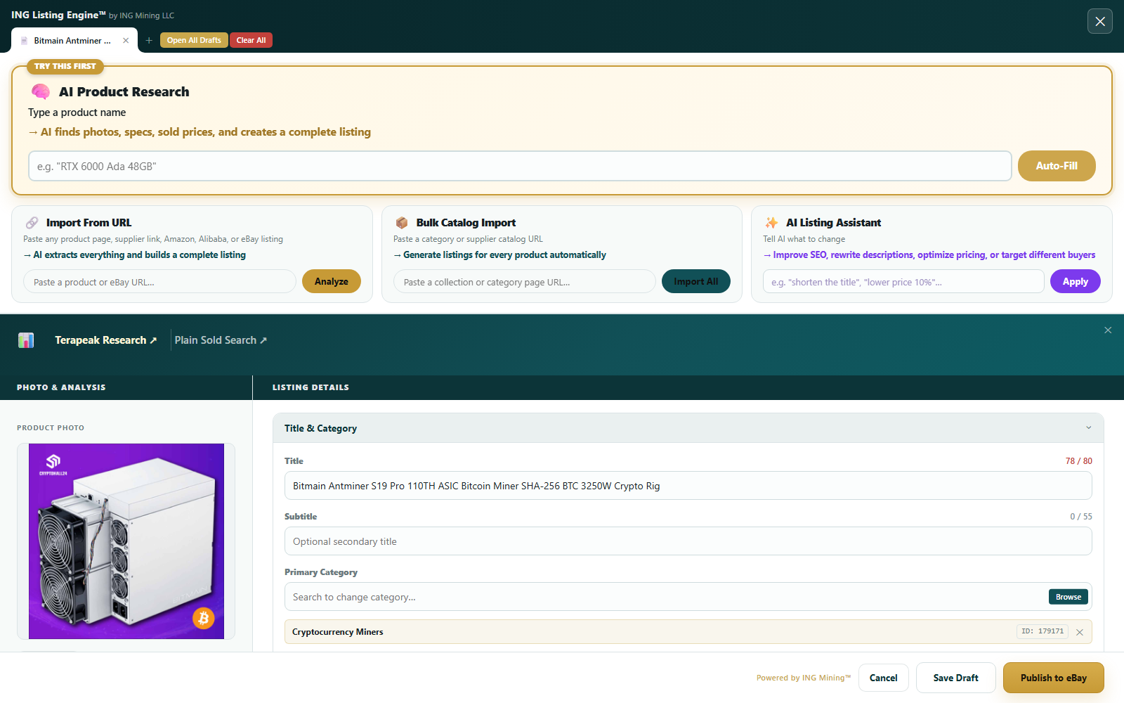 AI quick-fill pulling a real product photo, title, and category automatically