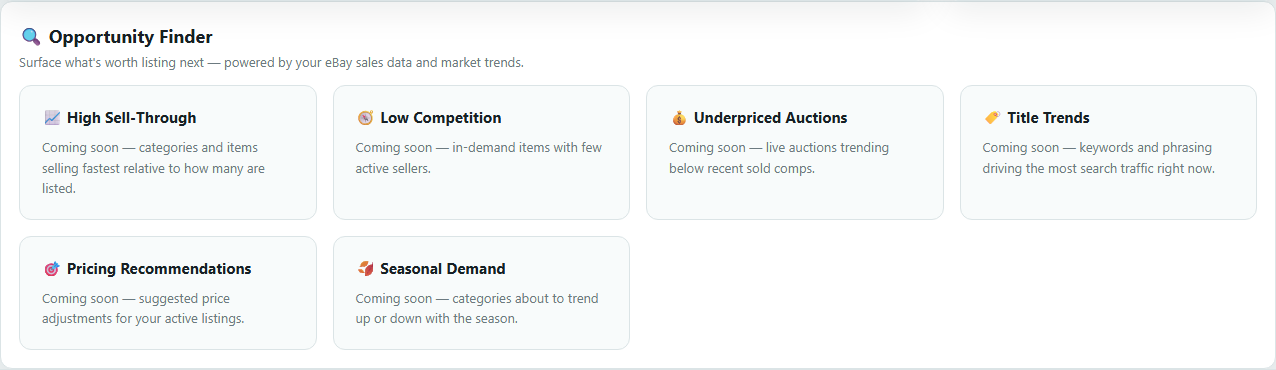 New Opportunity Finder page with six market research sections