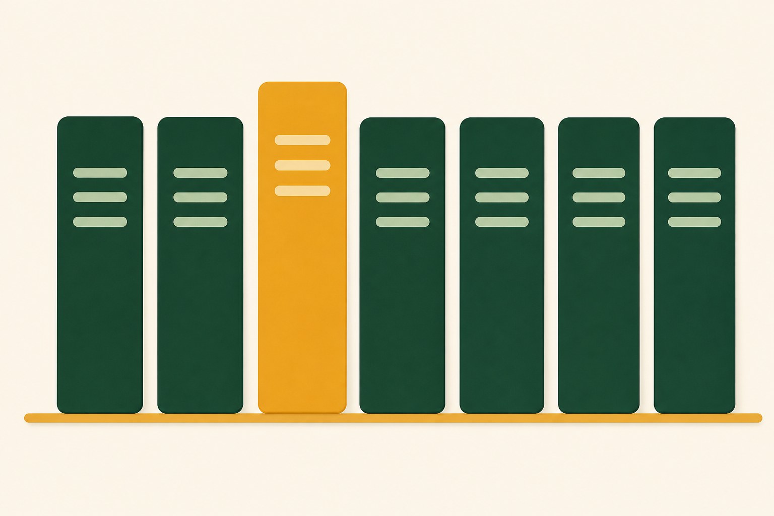 Flat illustration of seven tall upright cards standing side by side on an amber shelf line like books on a shelf, six of them dark green and the third one amber and slightly taller, each card carrying three short horizontal bars across its face