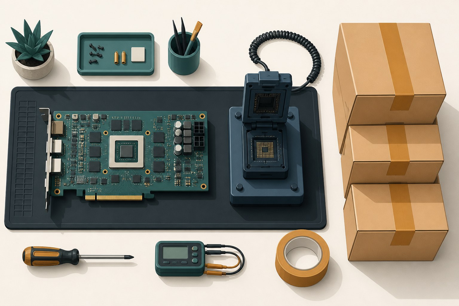 Overhead illustration of a hardware repair and packing bench: a green circuit board with a gold edge connector lying on a dark anti-static mat, a hinged chip test socket with a coiled cable beside it, a screwdriver, a digital meter with two probes and a roll of packing tape along the front edge, and four taped cardboard shipping boxes stacked at the right.