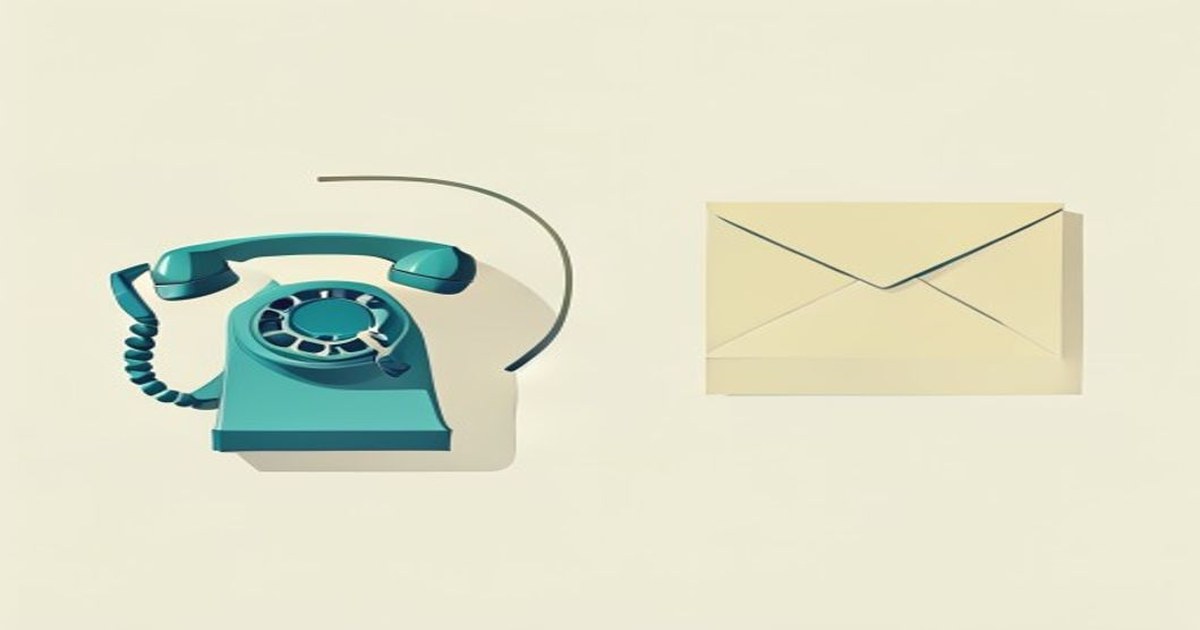 Illustration of a teal rotary telephone with its handset lifted, the cord arcing across to a plain cream envelope on the right, representing reaching ING Mining by phone or email.