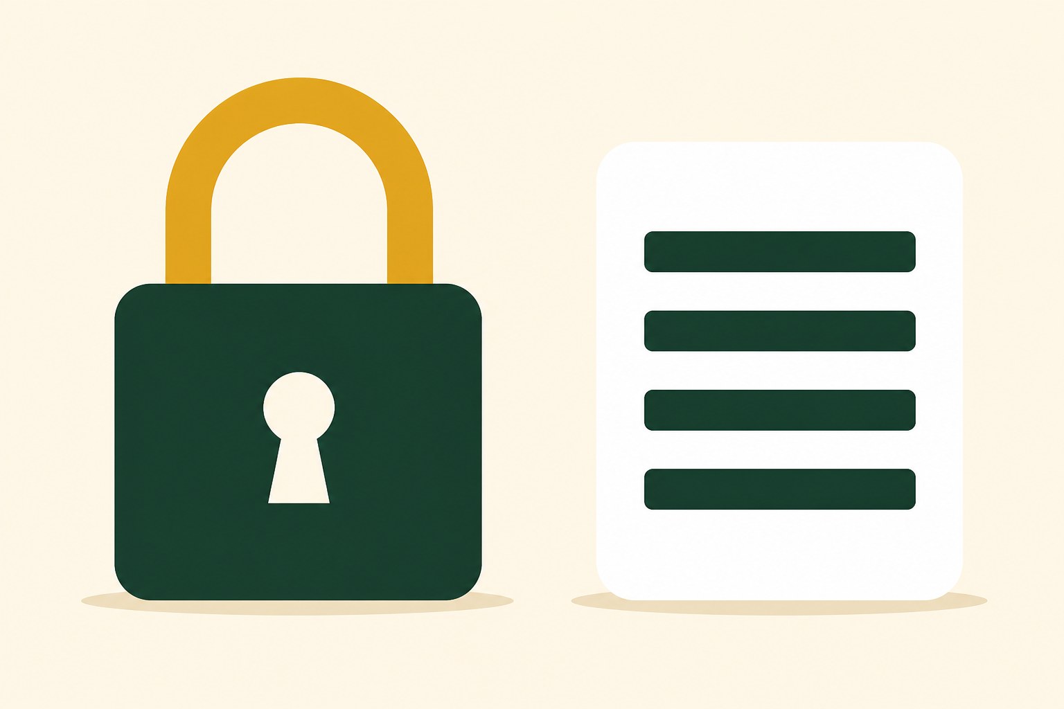 Flat illustration of a closed dark green padlock with an amber shackle standing beside a plain white card carrying four short dark green horizontal bars, on a cream background