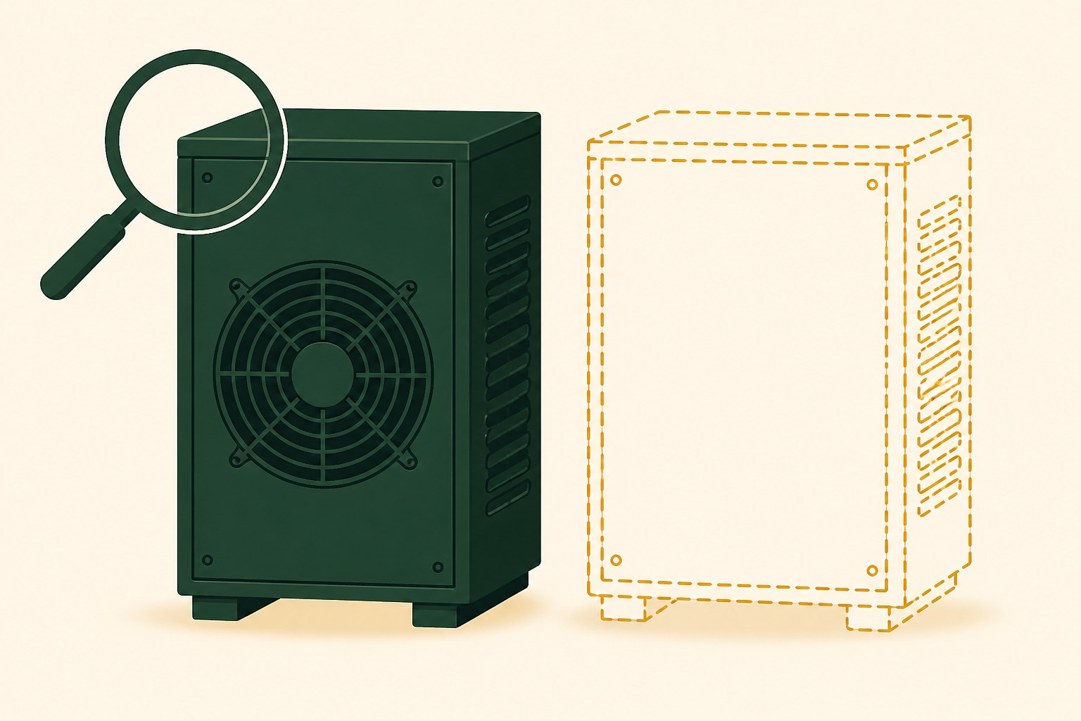 Flat illustration of two identical machine cabinets side by side: the left one solid dark green with a magnifying glass held over its outer casing, the right one drawn only as a hollow amber dashed outline with nothing at all inside it