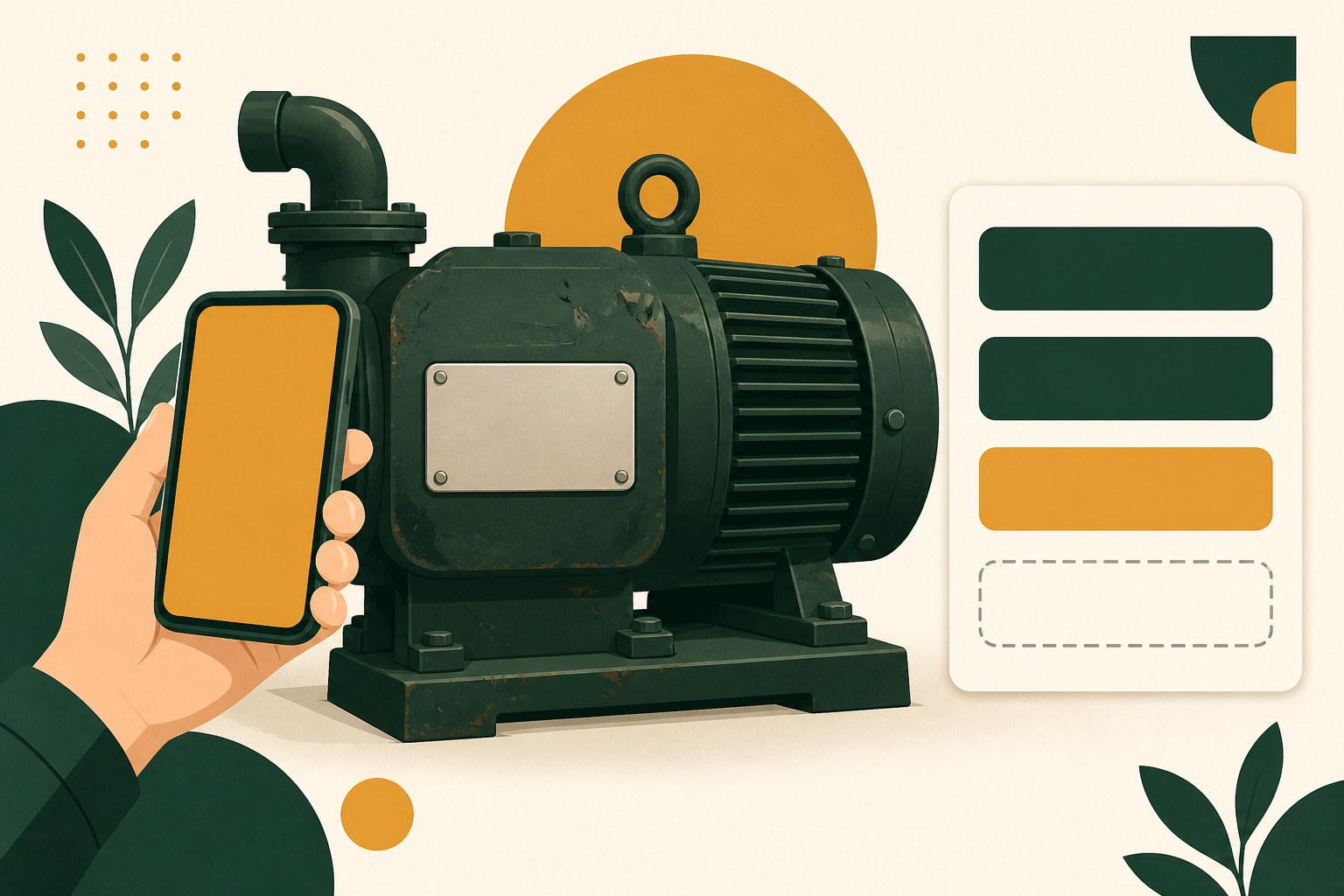 Flat illustration of a hand holding up a phone beside a dark green industrial motor whose metal spec plate is completely blank, next to a listing card of four fields — two filled dark green, one amber, and the bottom one left as an empty grey dashed outline