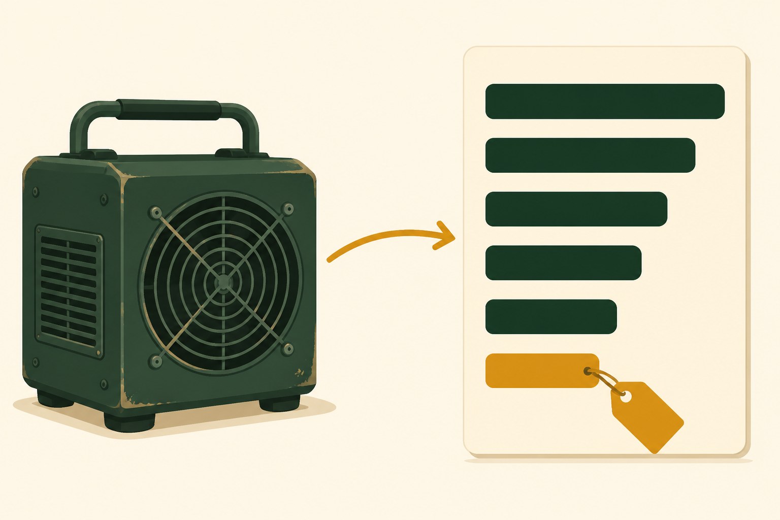 Flat illustration of one used dark green machine with a carry handle and a front fan grille, an amber arrow running from it across to a listing card of six stacked fields — five filled solid dark green and the last one amber with a price tag hanging off it