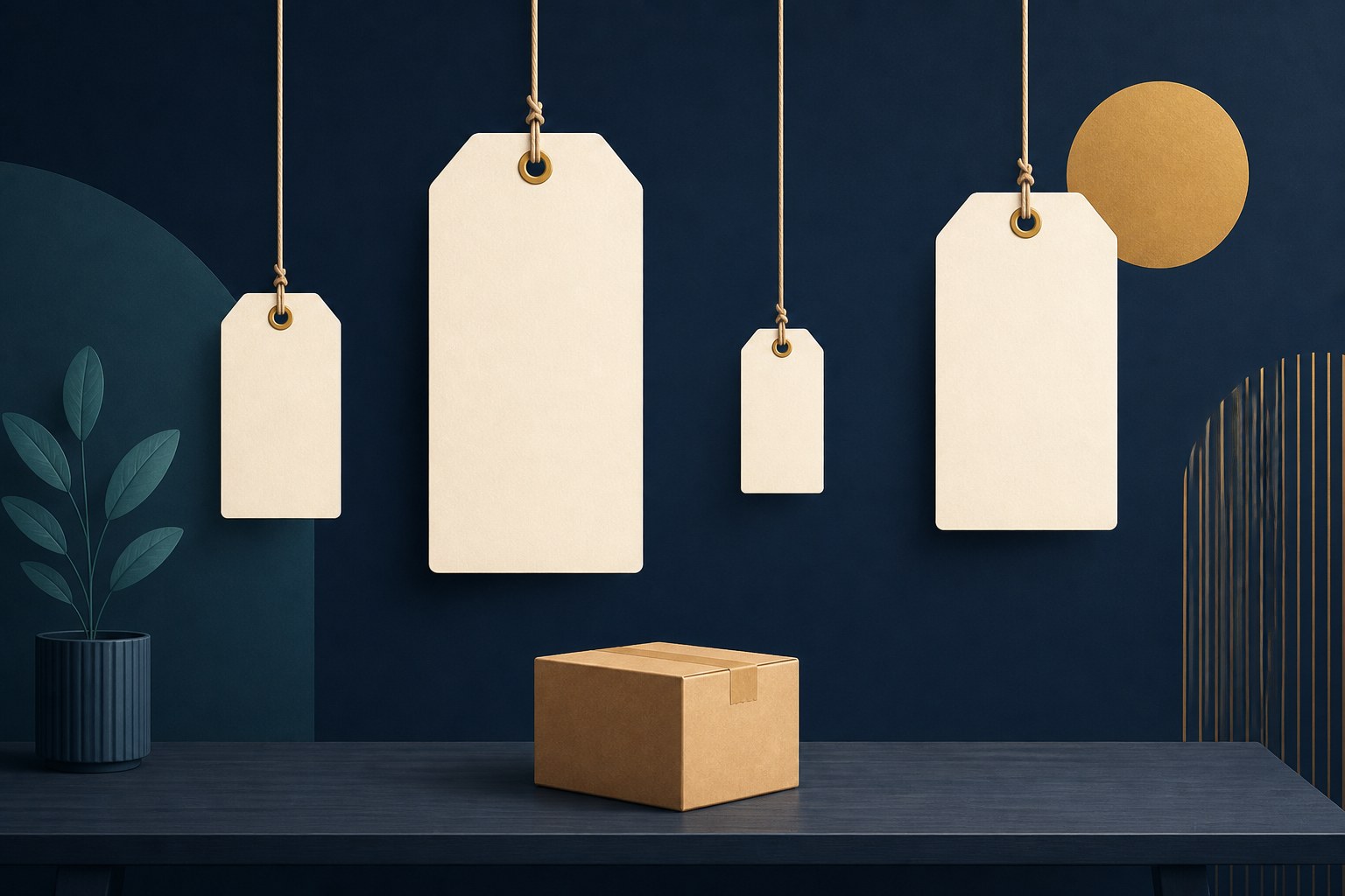 Illustration of four blank cream price tags with gold eyelets hanging on cords at different heights and in four noticeably different sizes above a single plain brown cardboard box on a dark wooden table, against a deep navy wall with a teal potted plant on the left and a gold disc on the right