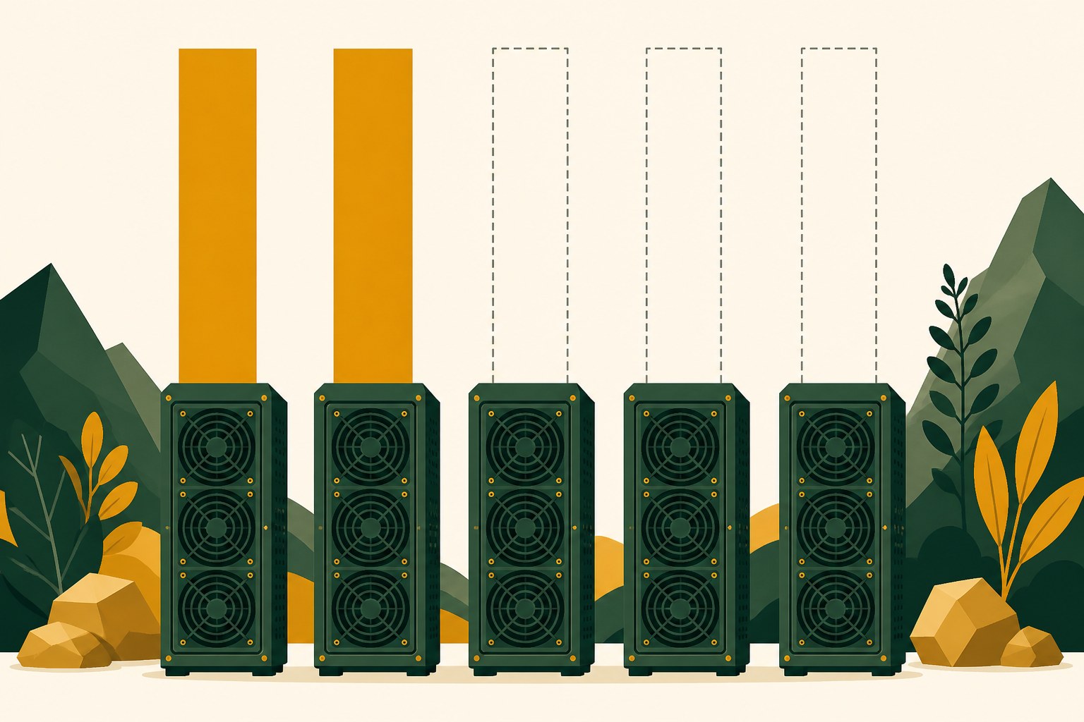 Flat illustration of five identical dark green mining machines standing in a row, with two solid amber bars rising above the first two machines and three empty grey dashed outlines rising above the other three