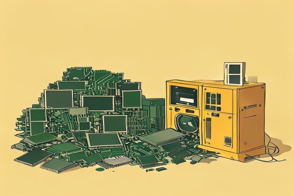 Flat illustration of a large heap of loose computer parts — bare green circuit boards, heatsinks and a round cooling fan — piled up on the left, with one single whole amber machine cabinet standing apart from the heap on the right