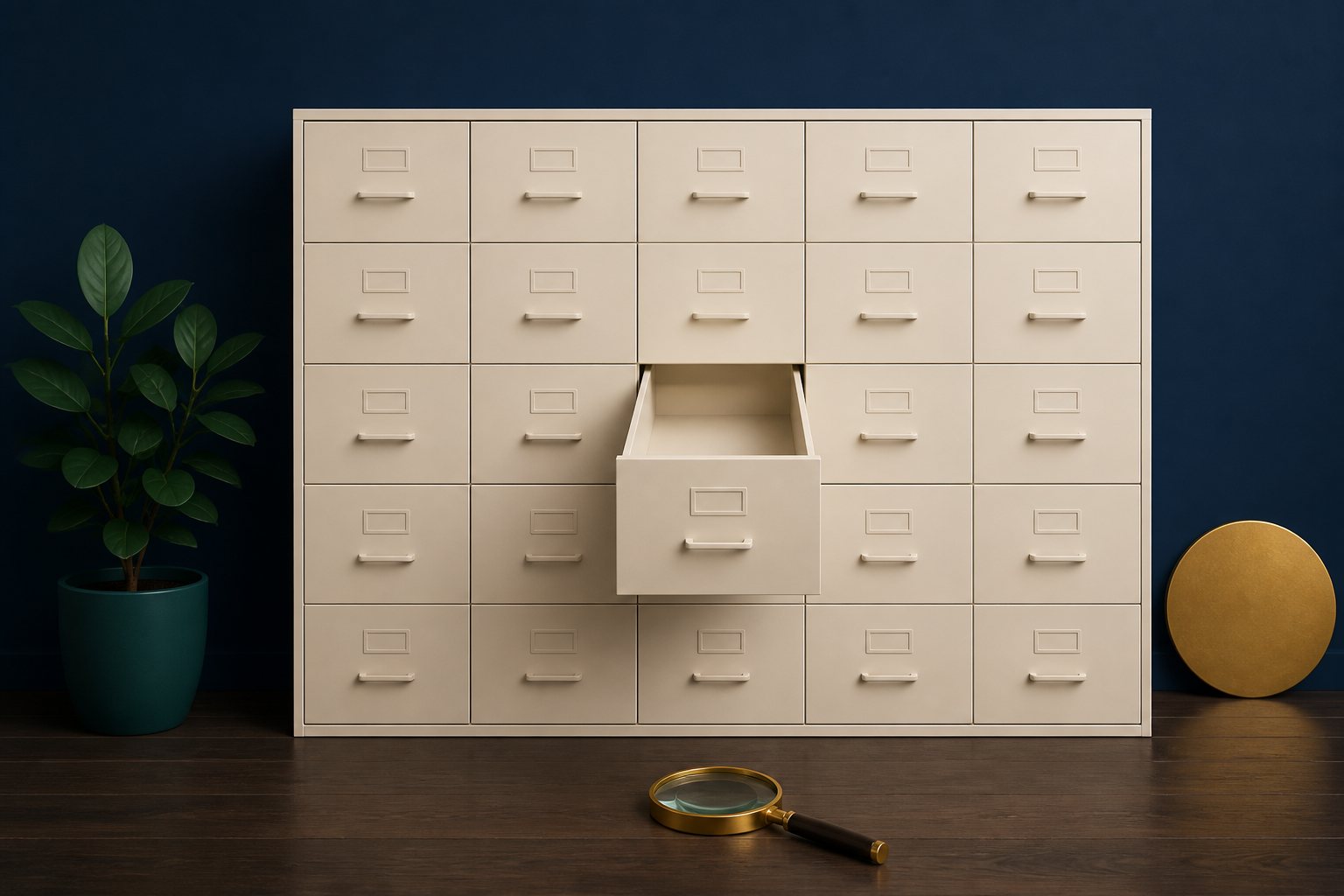 Editorial illustration of a five-by-five grid of twenty-five identical cream filing drawers with blank label plates, one drawer in the centre pulled fully out and empty inside, a gold-rimmed magnifying glass with a dark handle lying on the dark wooden floor in front of it, against a deep navy wall with a green rubber plant in a teal pot on the left and a flat gold disc leaning against the wall on the right