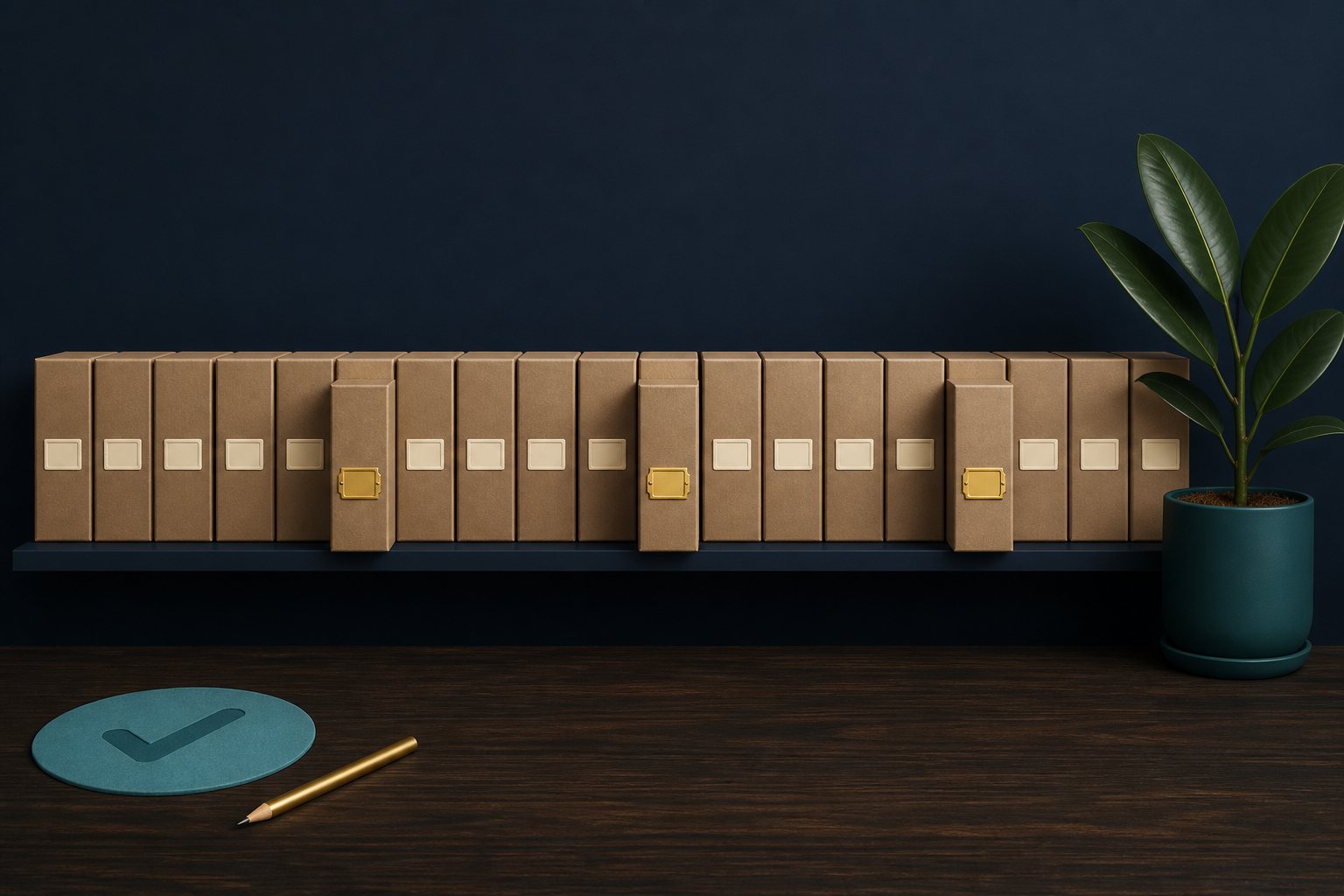 Editorial illustration of a long dark navy shelf holding a row of about twenty identical closed kraft cardboard boxes seen front-on, each with a small blank cream label plate, three of them pulled forward out of the row and carrying a warm gold label plate instead, with a teal disc bearing a check mark and a gold pencil lying on a dark wooden surface in the foreground and a green rubber plant in a teal pot at the right