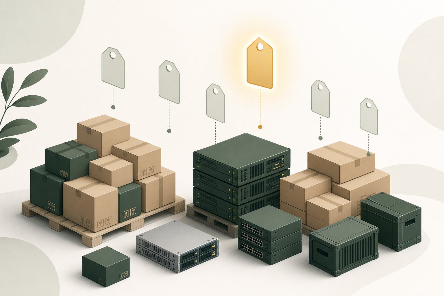Illustration of stacked shipping boxes, server hardware and equipment crates with price tags floating above them, one tag glowing gold to show a corrected price