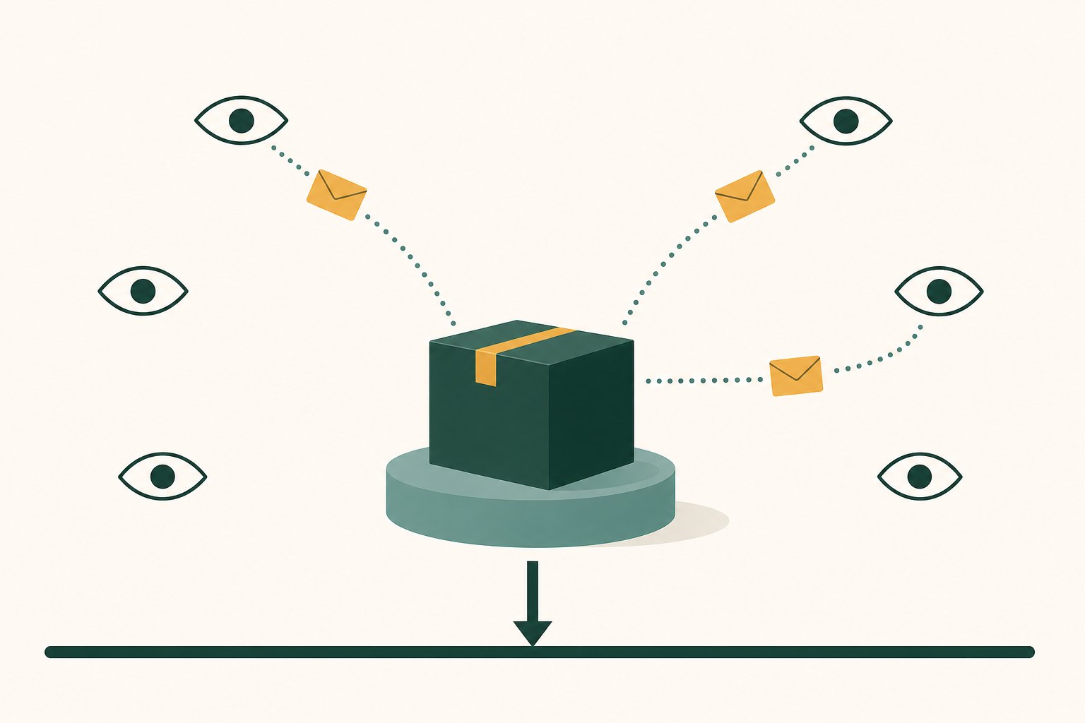 Flat illustration of a dark green parcel on a pedestal with six outlined eyes arranged around it, three amber envelopes travelling along dotted paths to only some of those eyes, and a downward arrow beneath the pedestal stopping dead at a solid horizontal floor line