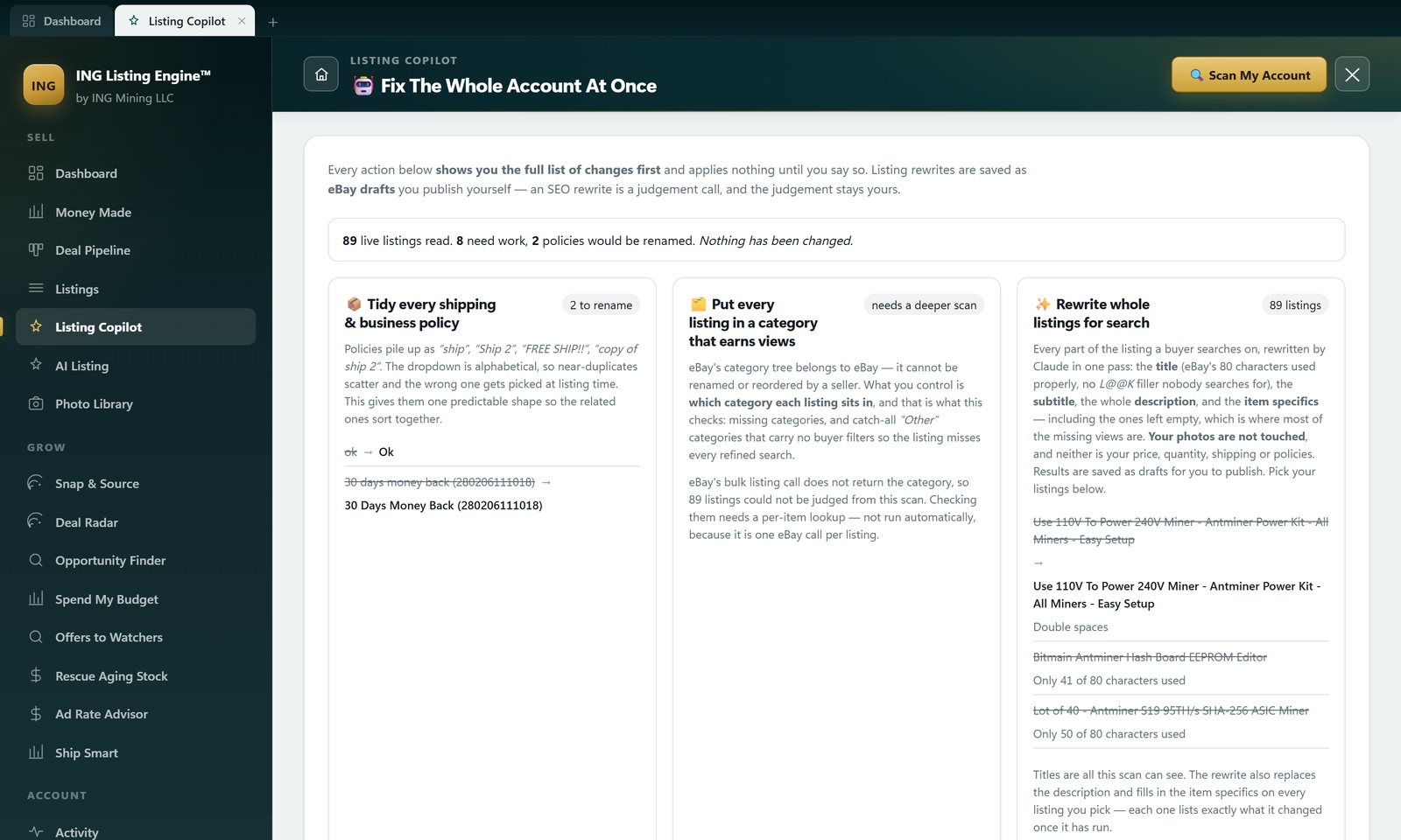 Listing Copilot in ING Listing Engine after reading 89 live listings: 8 need work, 2 policies would be renamed, and nothing has been changed.