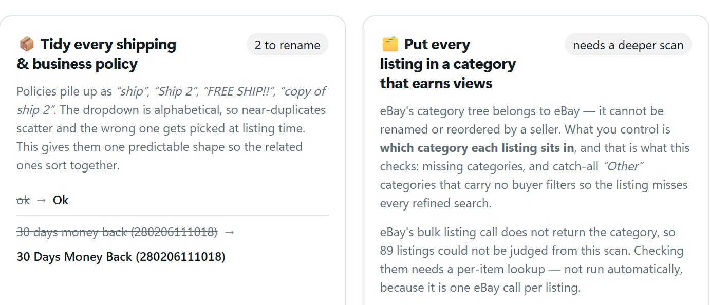 Listing Copilot's policy card in ING Listing Engine, showing two shipping and business policy renames as before-and-after strikethroughs.