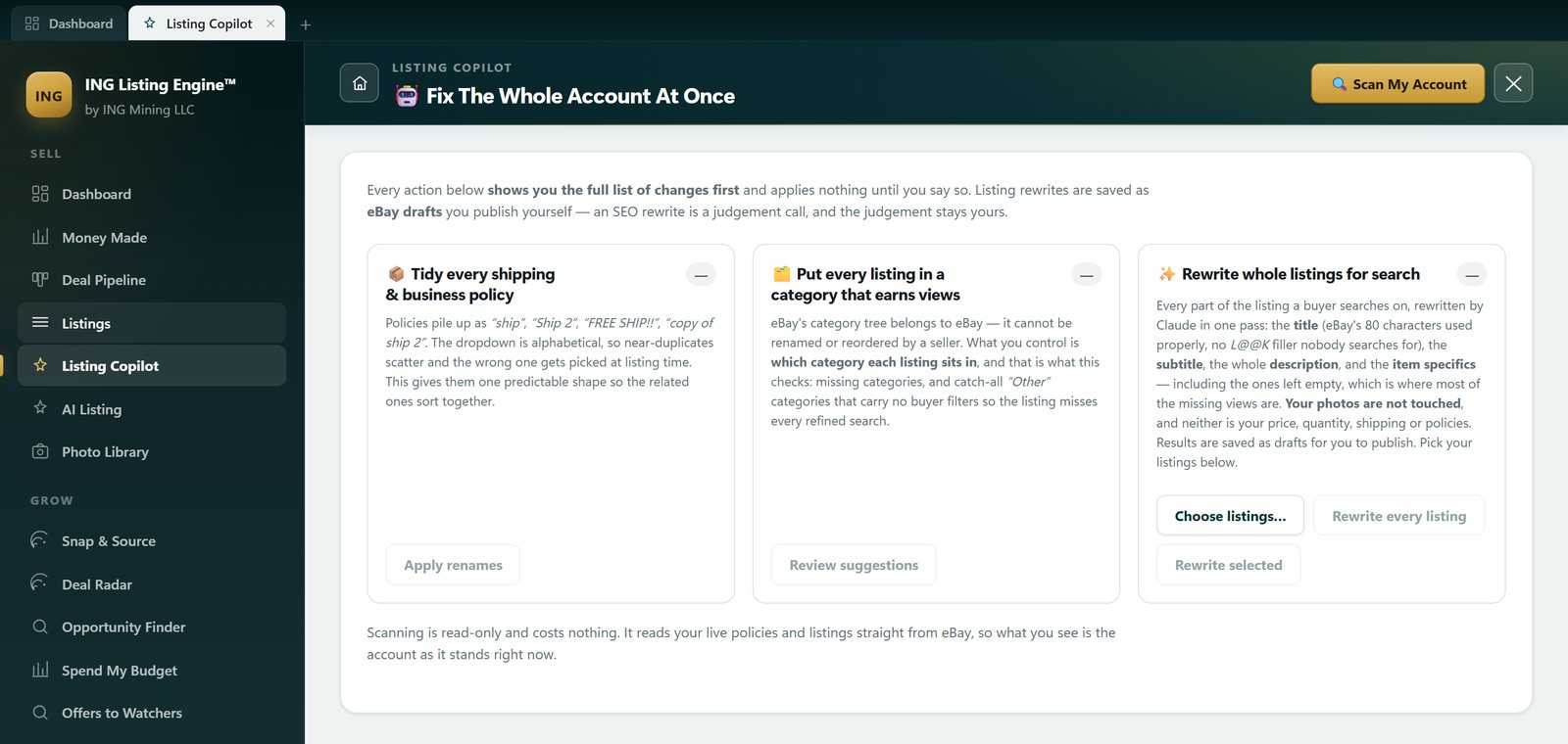 Listing Copilot's three read-only scans in ING Listing Engine: tidy policies, fix categories, and rewrite whole listings for search.
