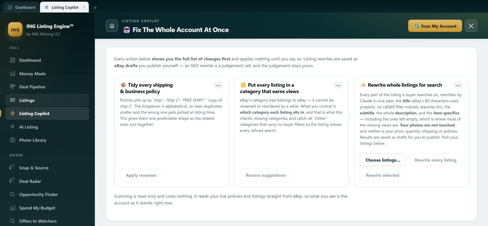 Listing Copilot in ING Listing Engine, whose rewrite scan points at empty item specifics and catch-all Other categories as where the missing views are.
