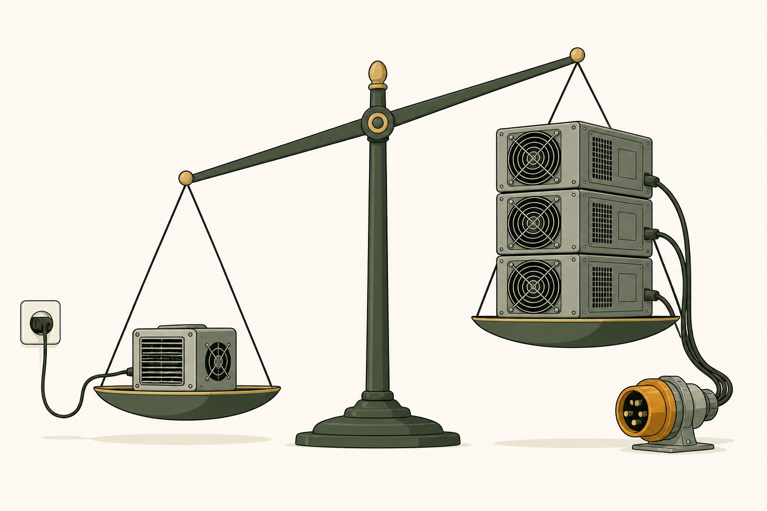 Flat editorial illustration of a balance scale: the low, heavier pan holds one small compact miner plugged into an ordinary two-pin household wall socket, while the raised, lighter pan holds a stack of three large industrial miners wired to a single oversized heavy-duty power connector
