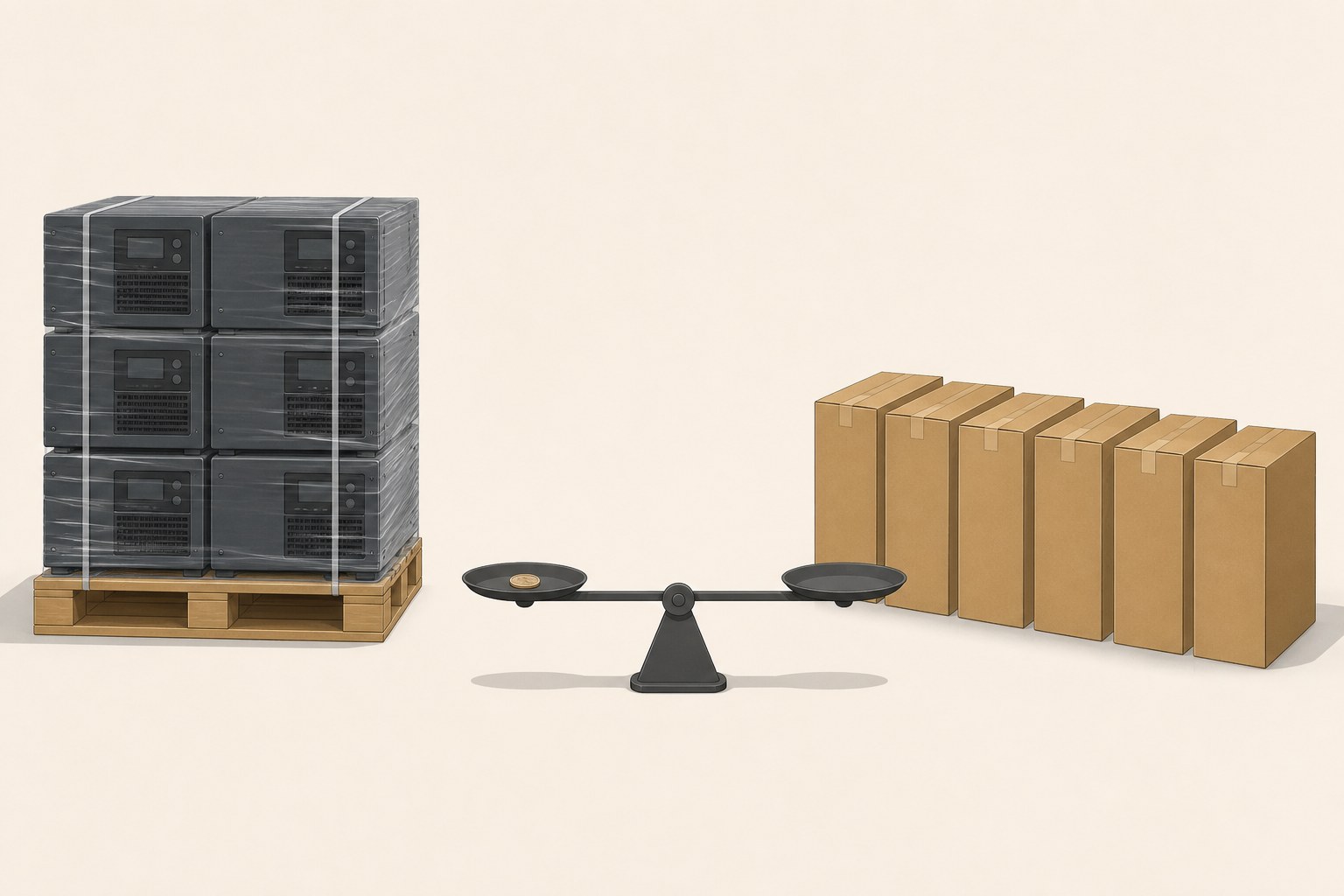 Illustration of six identical dark grey industrial machines stacked three high on a wooden pallet and shrink-wrapped together as one unit, beside the same six machines drawn as separate sealed cardboard cartons standing in a row, with a small balance between them whose left pan holds a single coin and tips down towards the pallet