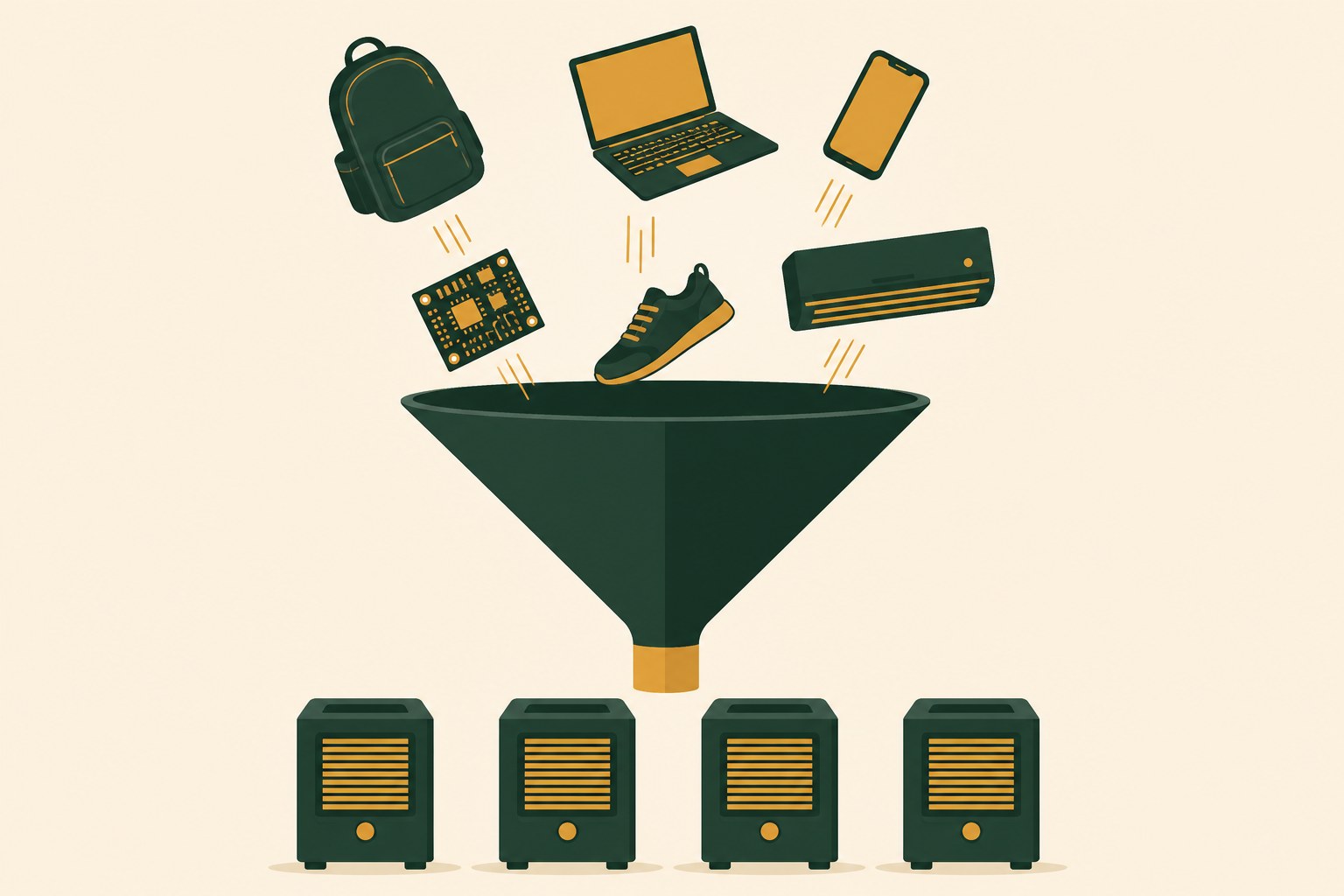 Flat illustration of a dark green funnel with six clearly different products dropping into its mouth — a backpack, a laptop, a phone, a wall air conditioner, a circuit board and a running shoe — and four identical dark green machine units standing evenly spaced in a row below the funnel's amber spout