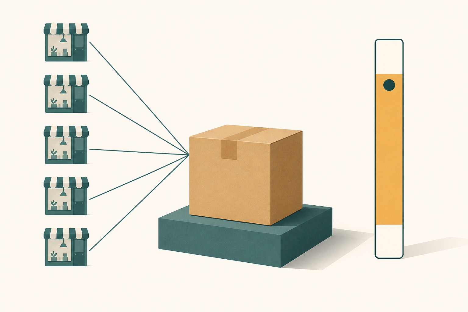 Flat editorial illustration on an off-white background: a plain cardboard parcel on a dark teal plinth, with five thin teal lines fanning out from it to five identical small storefront windows on the left, and on the right a tall vertical gauge with a wide amber band filling most of its height and a single dark marker dot near the top of that band
