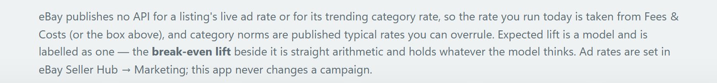 Close-up of the Ad Rate Advisor footnote text stating that eBay publishes no API for a listing's live ad rate or trending category rate, that expected lift is a model and is labelled as one, that the break-even lift beside it is straight arithmetic, and that the app never changes a campaign