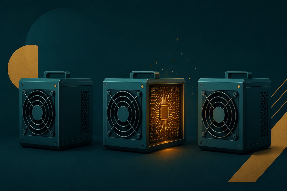 Editorial illustration on dark teal: three boxy miner units with large circular fans in a row; the middle unit's side panel is open, revealing a glowing amber circuit board with small golden sparks rising from it.