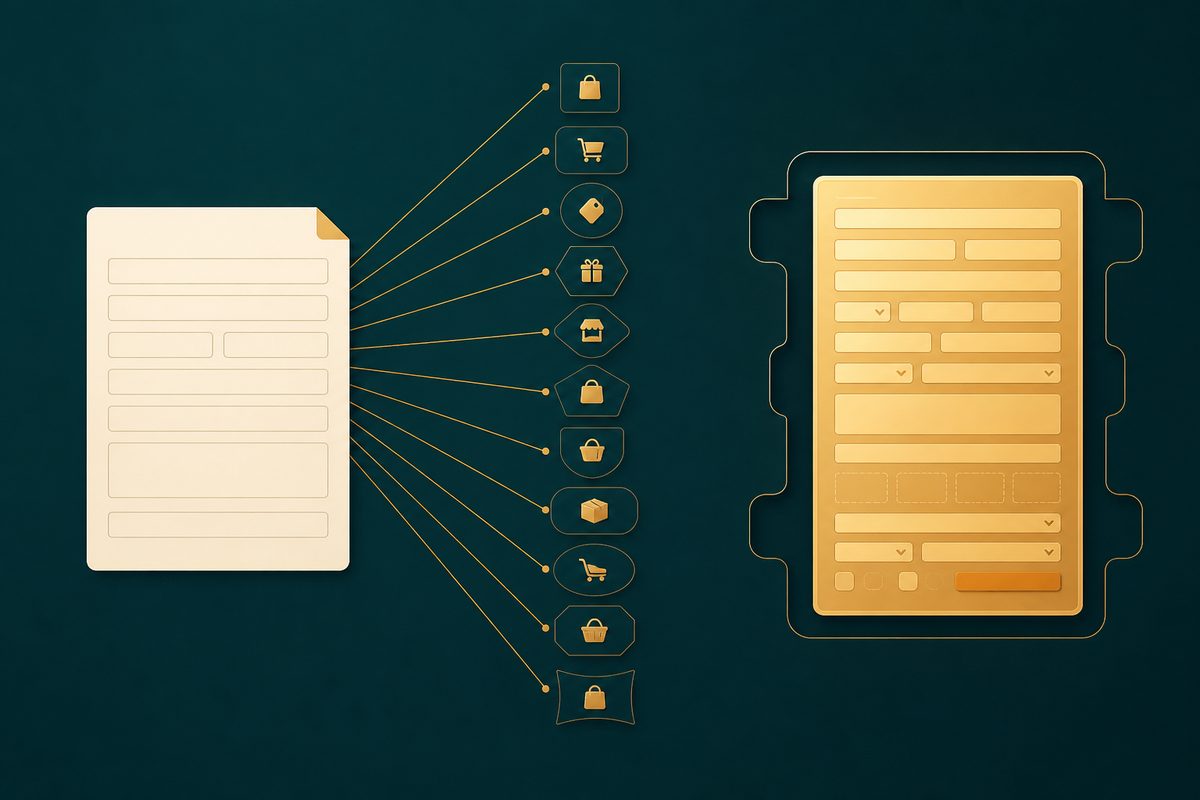 Editorial illustration on dark teal: one plain generic form document fans out to eleven small marketplace tiles, while a single detailed golden form with many labelled field rows slots precisely into a matching outlined socket.