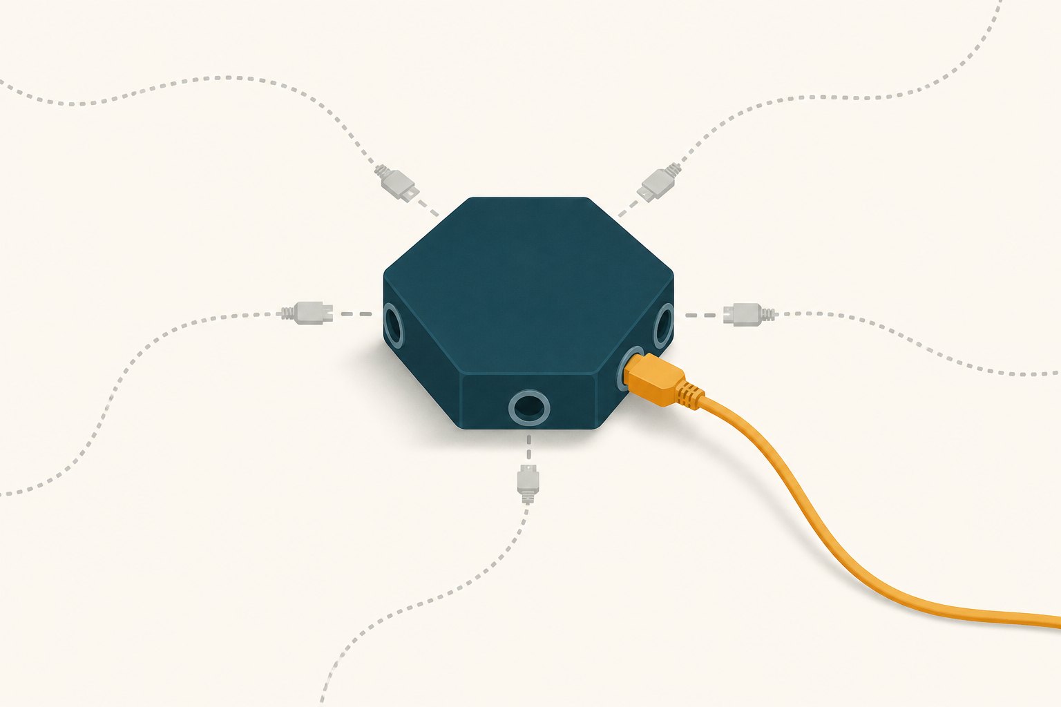 Flat editorial illustration on an off-white background: a dark teal hexagonal hub with six sockets, one thick amber cable plugged firmly into it, and five thin grey cables lying loose as faded dotted lines that stop short of their sockets