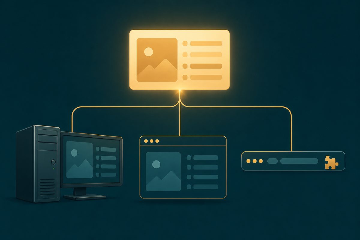 Editorial illustration on dark teal: a desktop computer tower with monitor, a floating browser window and a browser toolbar with a gold puzzle-piece extension icon, with thin golden lines from all three converging on one glowing listing card above them.