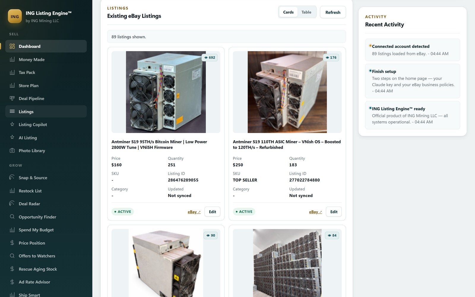 The Listings screen in ING Listing Engine showing 89 imported eBay listings, including two live Antminer S19 cards at $160 and $250, both badged ACTIVE.