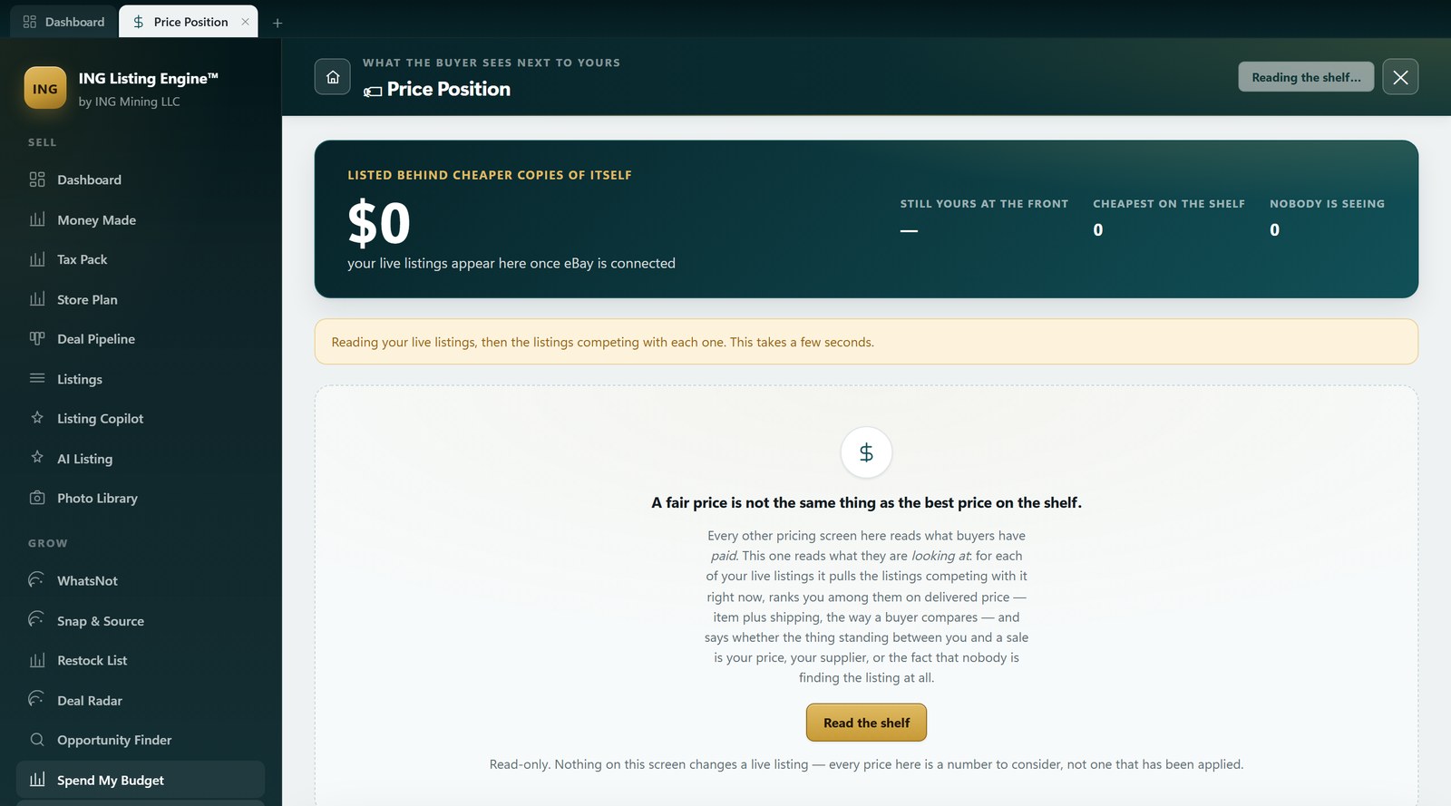 The Price Position screen in ING Listing Engine before a read, with its shelf counters at zero and the note that a fair price is not the same thing as the best price on the shelf.