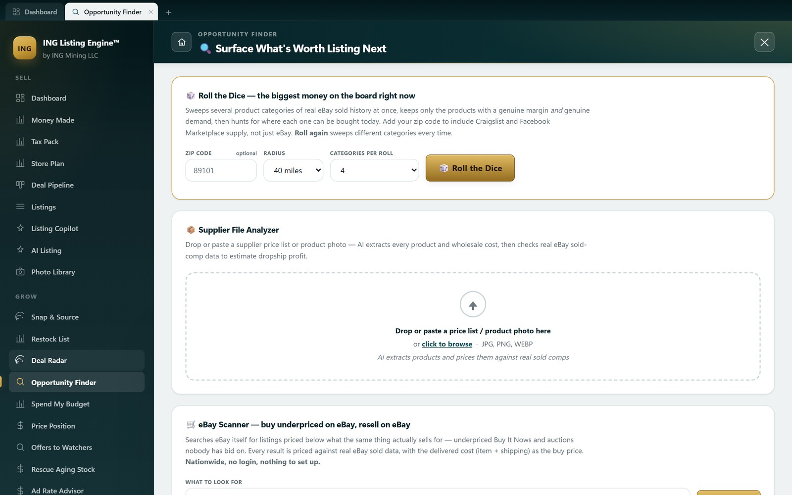 Opportunity Finder in ING Listing Engine with Roll the Dice set to zip 89101 and a 40-mile radius, plus a supplier file analyzer and an eBay scanner.