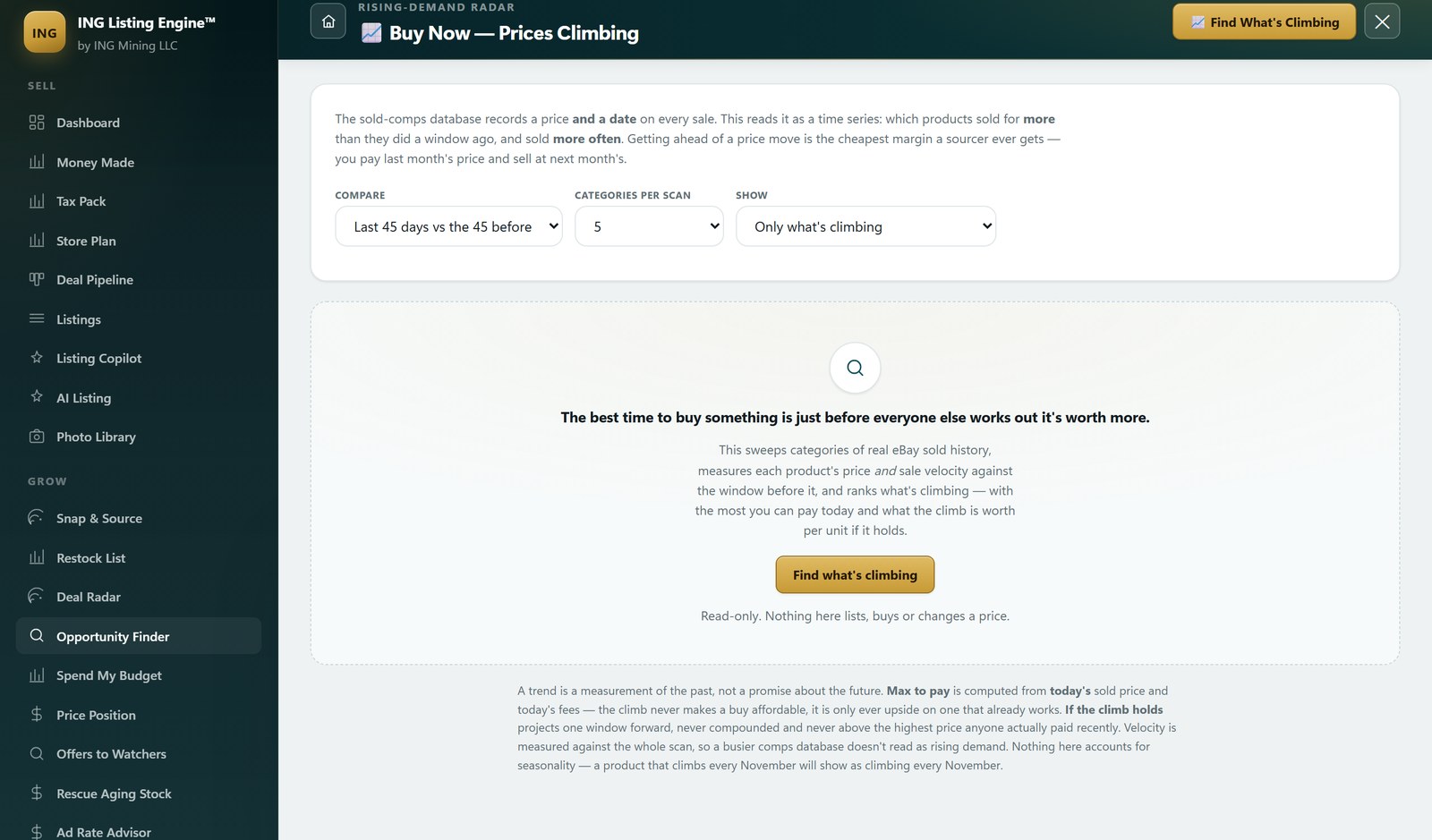 Rising-Demand Radar screen in ING Listing Engine, unrun, with a compare setting reading last 45 days versus the 45 before, five categories per scan, and a footer line stating the screen is read-only and nothing here lists, buys or changes a price