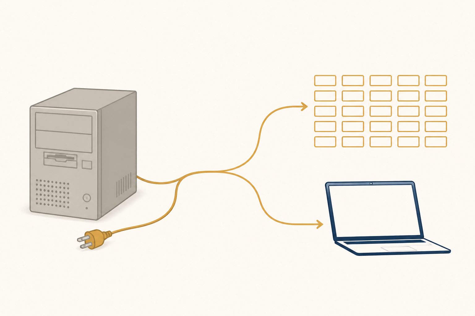 Flat editorial illustration of an unplugged grey desktop computer tower on the left, its amber power cable sweeping right and splitting towards an amber-outlined grid of empty cells and a small navy laptop outline