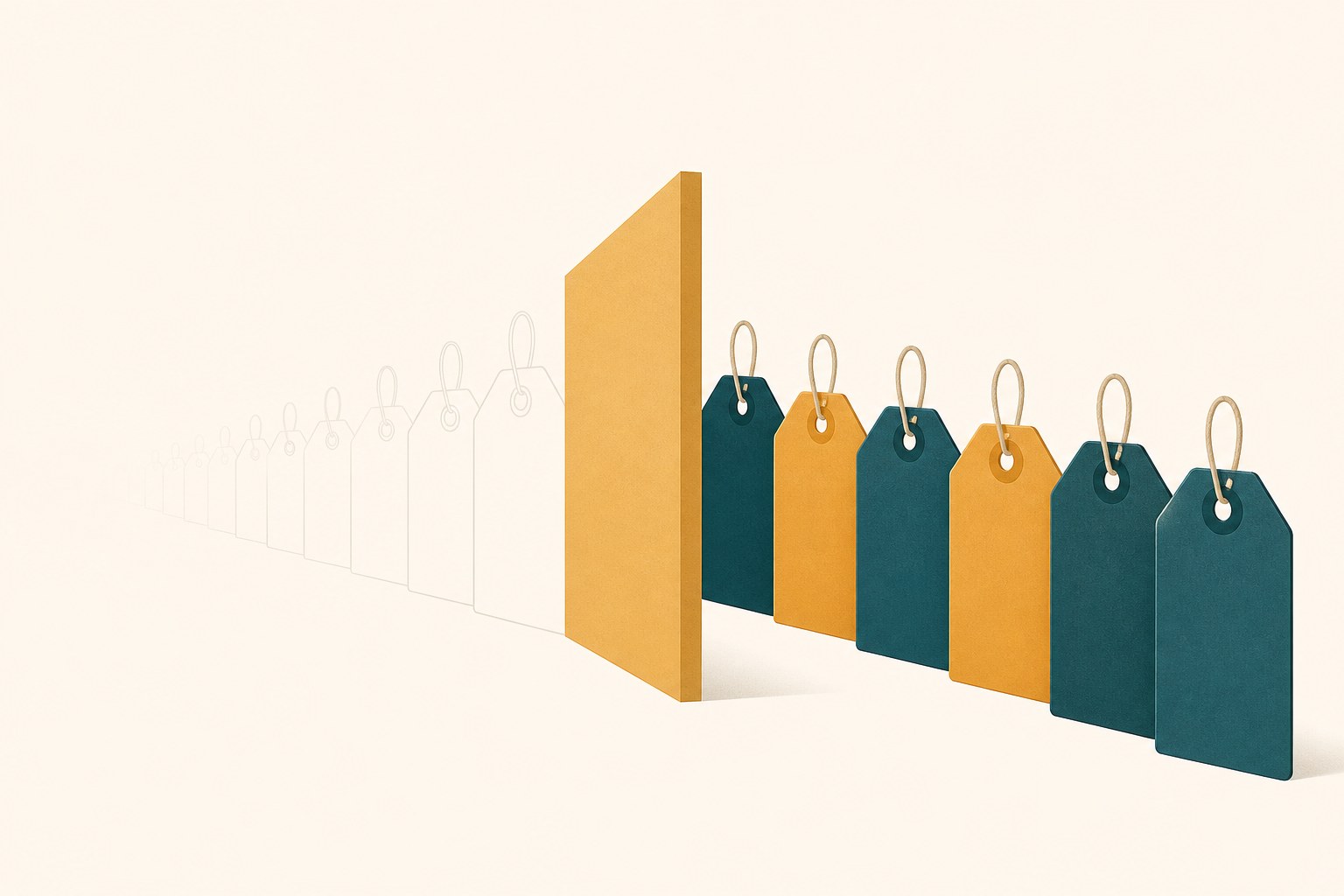 Flat editorial illustration: a receding row of paper price tags, the nearest six solid in teal and amber, an upright amber barrier cutting across the row, and every tag behind it drawn as a pale grey outline fading into empty background