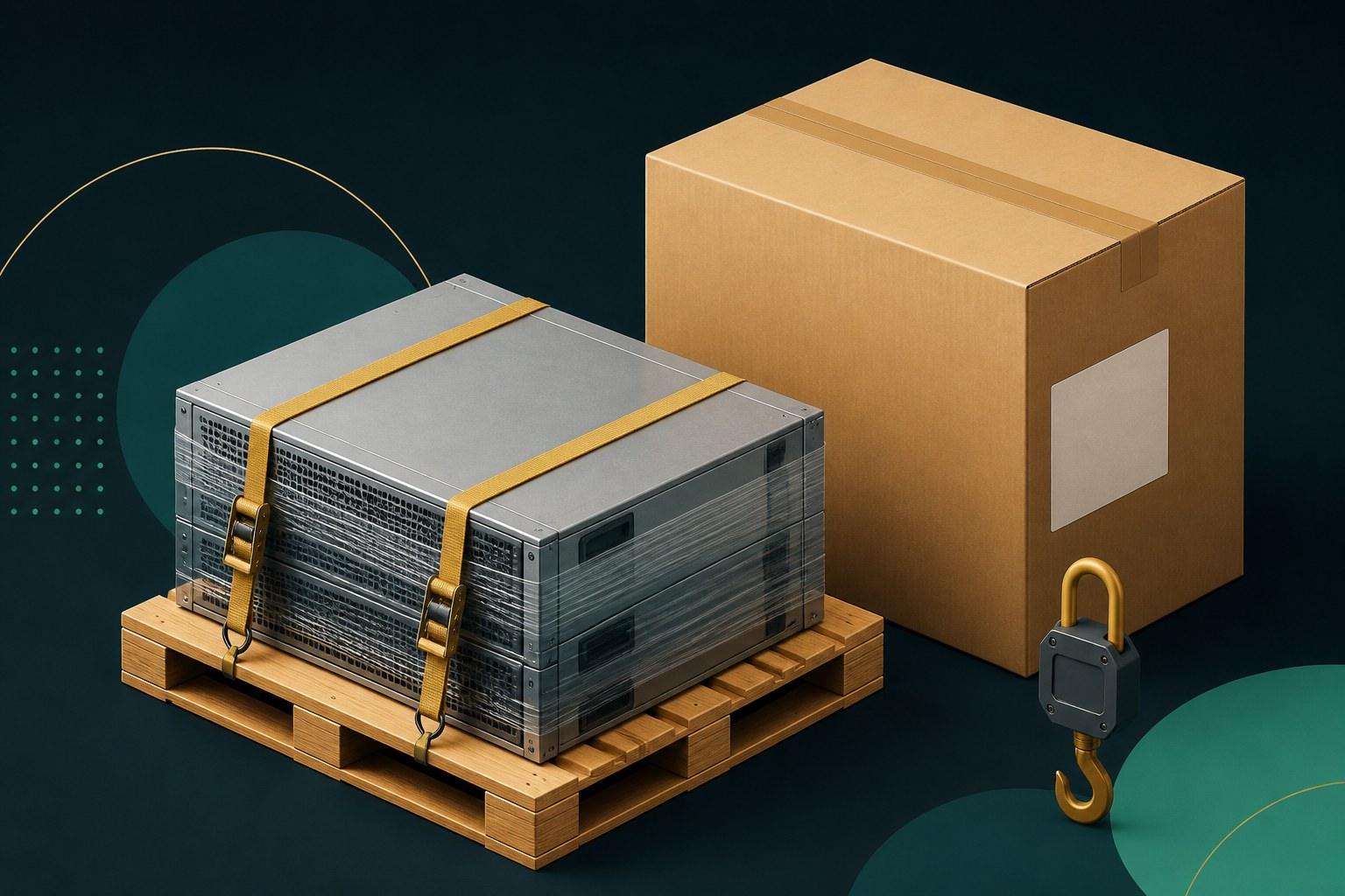 Industrial hardware chassis strapped and stretch-wrapped on a wooden shipping pallet beside a large double-walled cardboard carton and a hanging weight scale