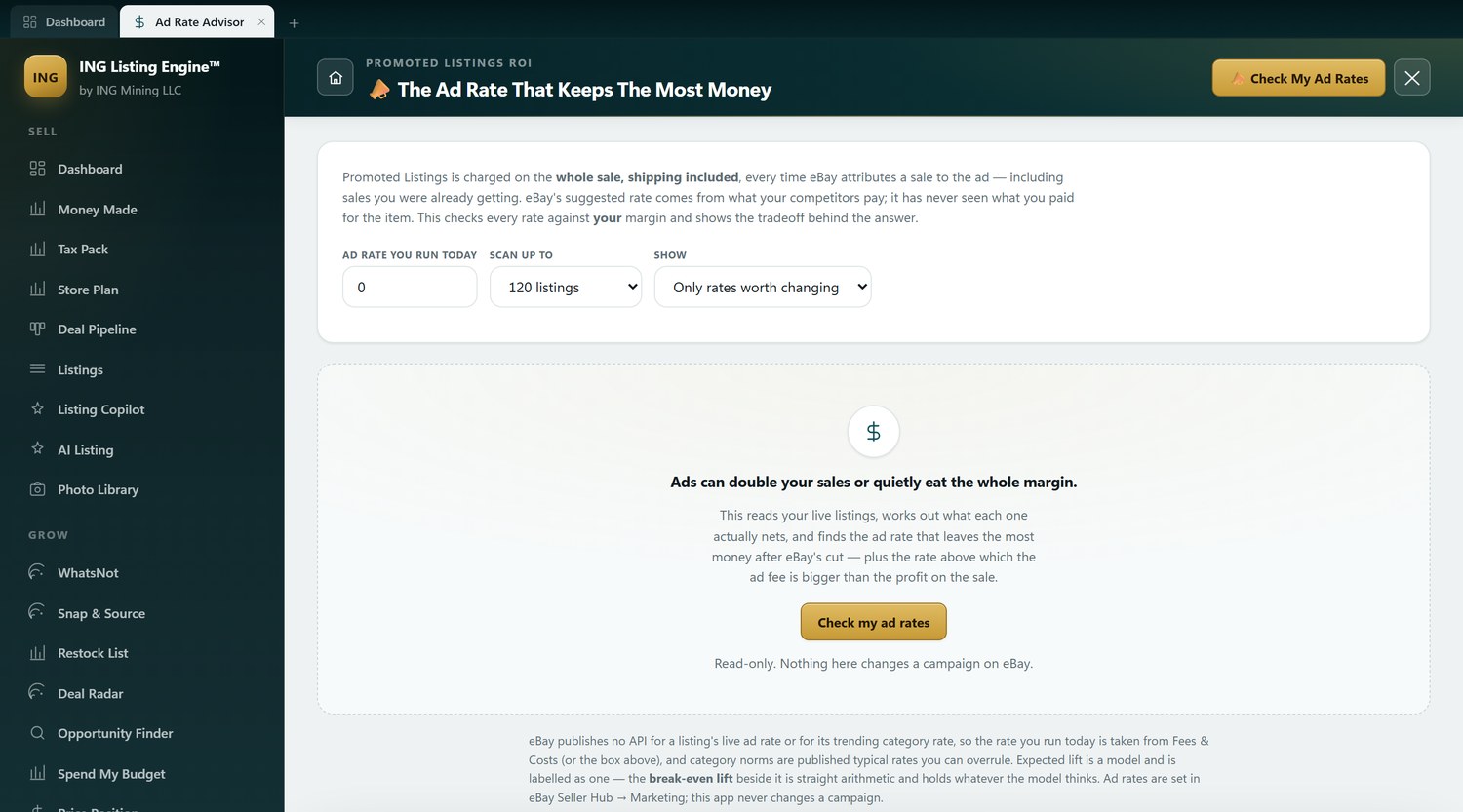 The Ad Rate Advisor screen in ING Listing Engine on Windows, headed Promoted Listings ROI, with inputs for the ad rate you run today, how many listings to scan and which rates to show, above an unrun empty state reading Ads can double your sales or quietly eat the whole margin