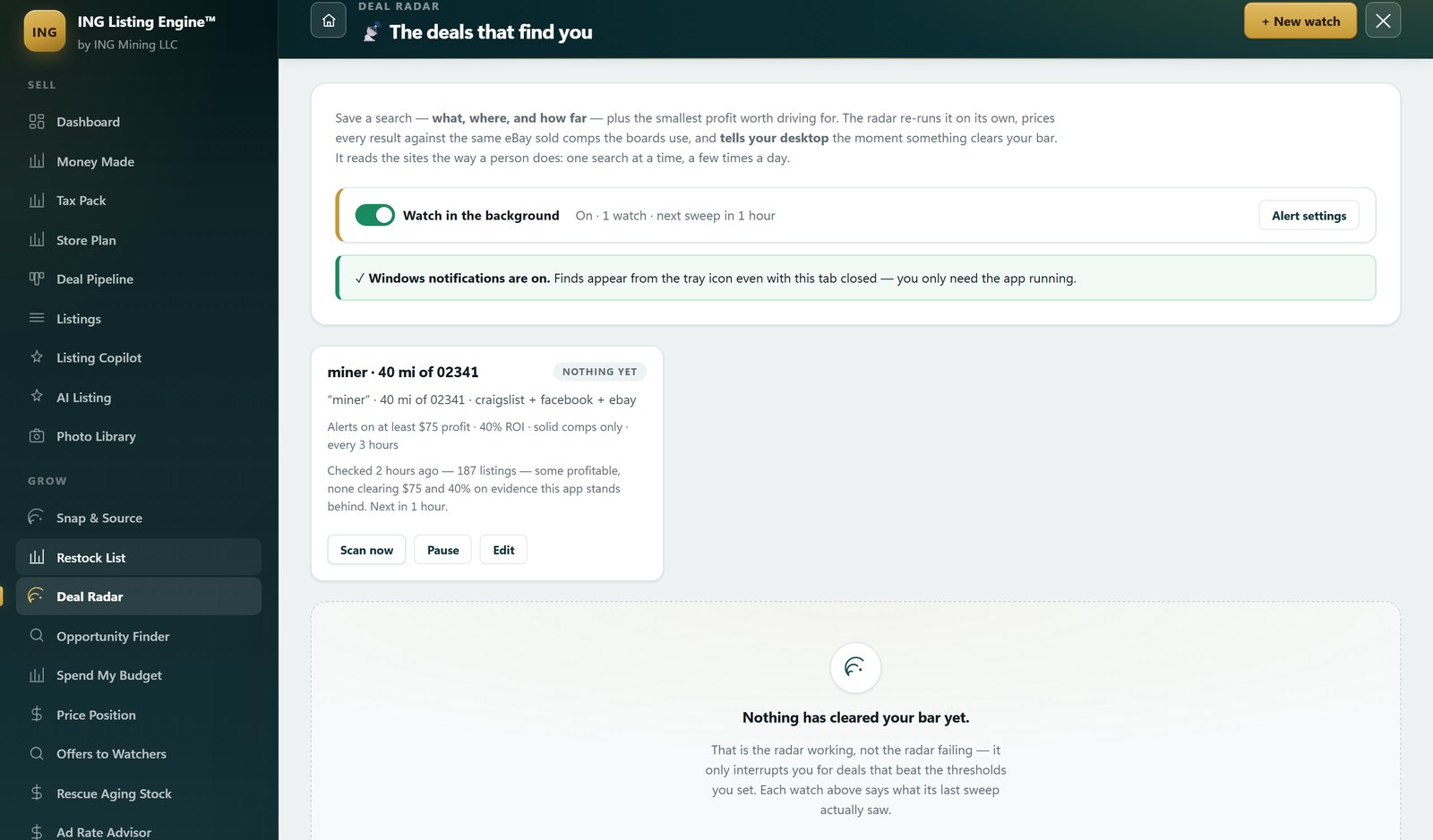 Deal Radar in ING Listing Engine watching the word miner within 40 miles across Craigslist, Facebook and eBay; 187 listings, none clearing the profit floor.