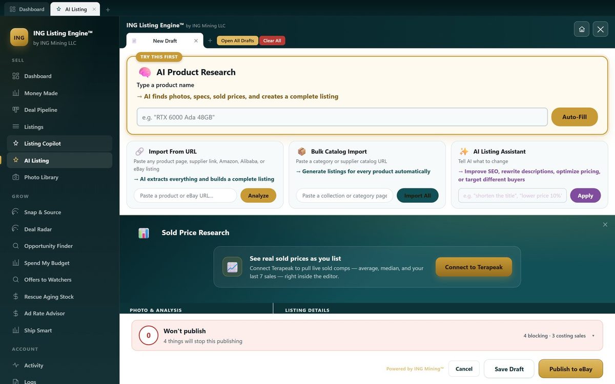 ING Listing Engine's listing editor on a blank new draft. Above the Publish to eBay button, a readiness bar already reads Won't publish - 4 things will stop this publishing, with a counter showing 4 blocking and 3 costing sales.