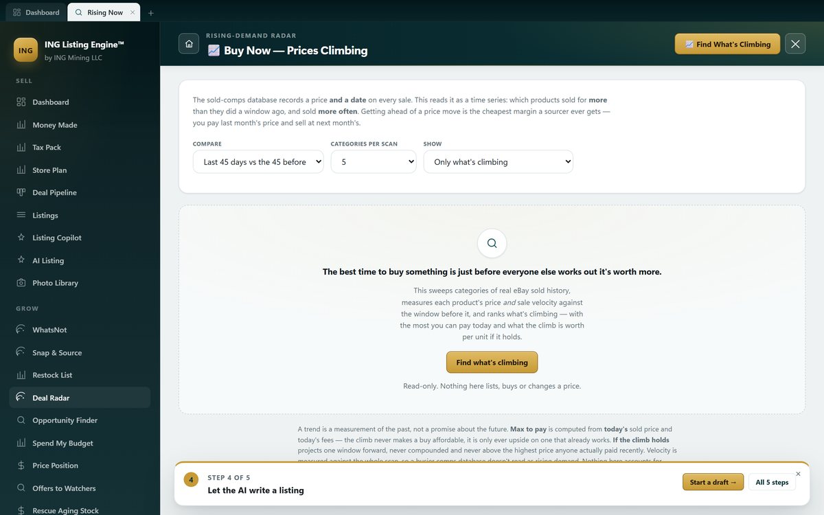 ING Listing Engine's Rising-Demand Radar set to compare the last 45 days against the 45 before, with a read-only note that nothing here lists or buys.