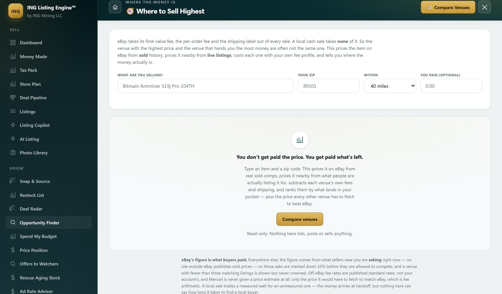 Where to Sell Highest screen in ING Listing Engine in its unrun state, with an Antminer S19j Pro and a zip code entered, and a line reading read-only, nothing here lists, posts or sells anything