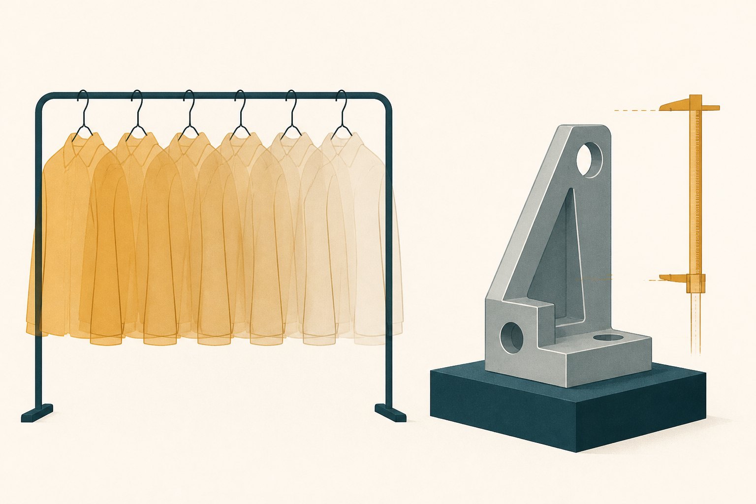 Flat editorial illustration on an off-white background: on the left a clothing rail holding six near-identical amber garment silhouettes that blur into one another, and on the right a single grey angular machine part standing crisply on a dark teal plinth beside a thin amber measuring rule