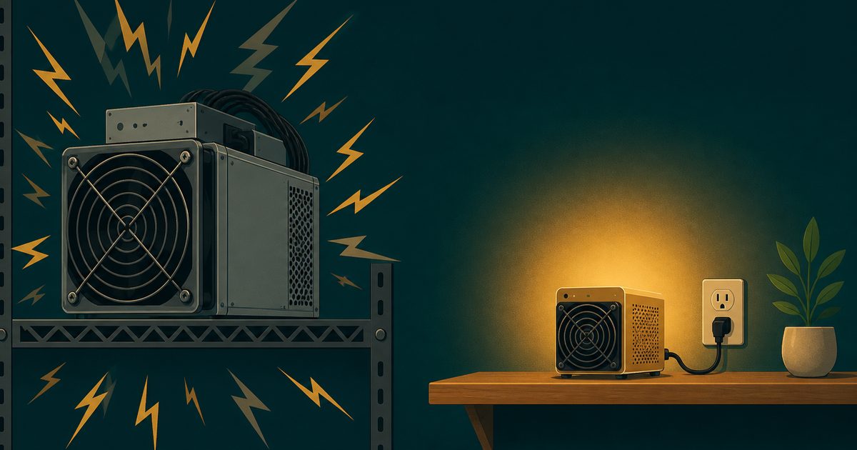 Editorial illustration of two fates for the same miner: a loud rack machine ringed by noise bolts on a metal shelf, and a small calm golden home unit on a wooden shelf, plugged into an ordinary household outlet and glowing in a warm halo.