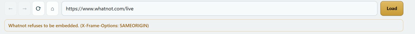 Status bar in ING Listing Engine reading Whatnot refuses to be embedded, X-Frame-Options SAMEORIGIN, above the browser panel's address bar pointing at whatnot.com/live