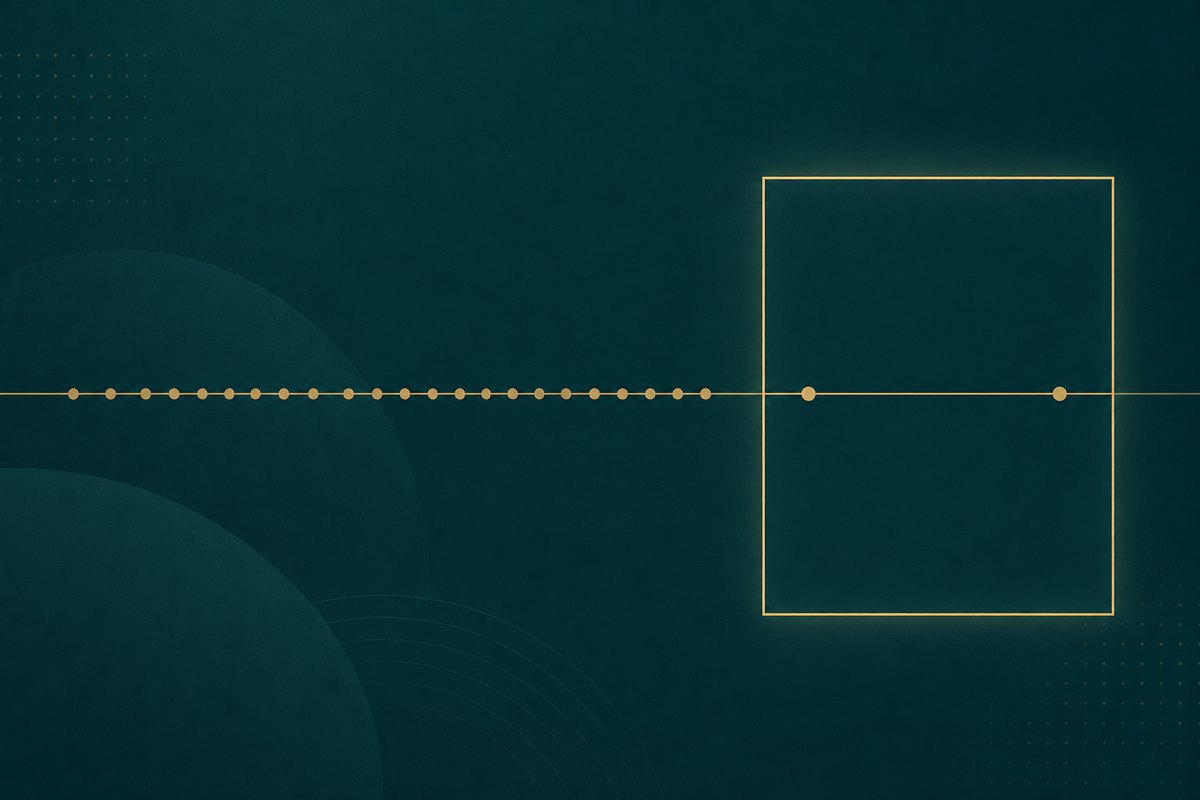A horizontal timeline on a dark teal background: closely spaced gold dots across the left two thirds, then a wide empty gap, with a gold rectangular window outline over the sparse right-hand section that contains only two dots.